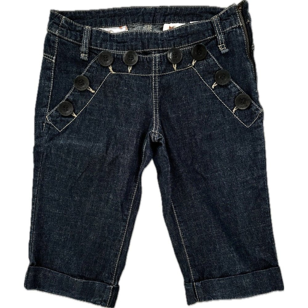 BCBG Girls Bermuda Cuffed Dark Blue Jean Shorts Button Front Side Zip Size 25